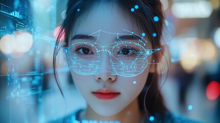 Leinwandbilder - Cyber security data protection Woman using mobile phone and fingerprint or face id scan to access personal data security on secured network connection Biometric technology data encrypt : Generative AI