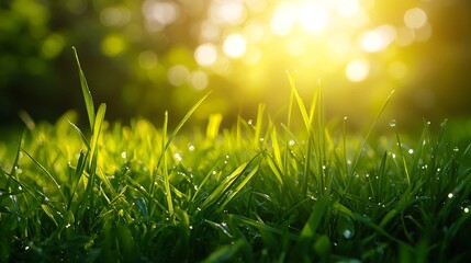 Poster - Green grass in the field with sunbeams Blurred summer background selective focus : Generative AI