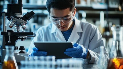 Fototapete - Tablet scientist and happy for analysis in laboratory healthcare and reading of online pharmaceutical research Asian expert technology or connection for innovation or information in bi : Generative AI