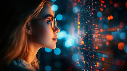 Fototapete - Digital technology internet network connection global business concept Woman using modern computer surfing the internet data exchange digital marleting innovative technology background : Generative AI