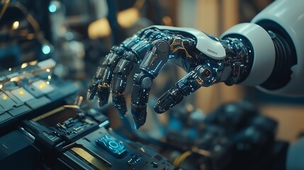 Aufkleber - Man using tools AI technology smart robot science and artificial intelligence technology and innovation futuristic and global connection for providing access to information and data on : Generative AI