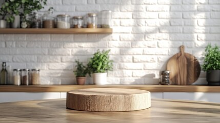 Fototapete - Empty wooden pedestal on kitchen table before white brick wall : Generative AI