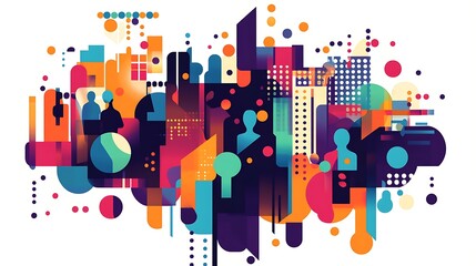 Poster - Colorful abstract city illustration with people silhouettes and geometric shapes.