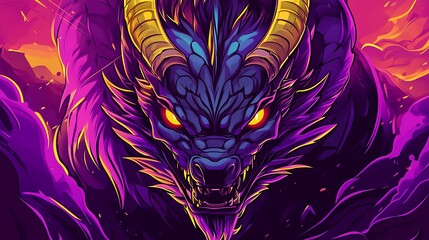 Canvas Print - Fierce Purple Dragon with Glowing Yellow Eyes Digital Art