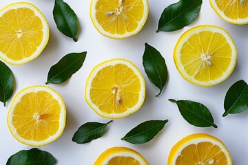 Wall Mural - Vibrant lemon slices surrounded by lush green leaves on a crisp white background