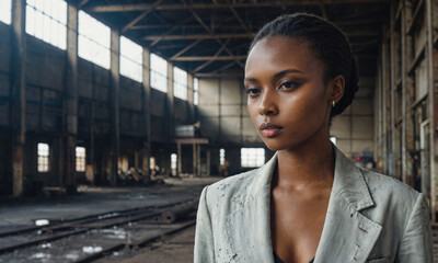 A woman stands in an industrial setting, looking off to the side with a serious expression