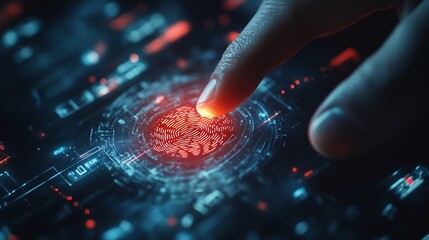 Leinwandbilder - Biometric security network privacy data protection Businessman using fingerprint identification to access personal financial data cybersecurity technology against digital cyber crime : Generative AI