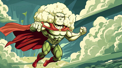 Vegetable superhero. Comic style illustration of cauliflower as a hero with super power. Concept: green superfood and vegetables for a healthy diet, restaurant and box diet design.