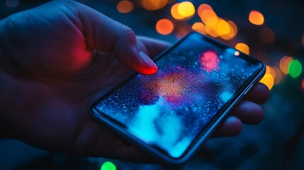 Aufkleber - Power of Biometric Security Networks Person unlocking their mobile phone with fingerprint : Generative AI