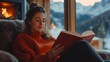 © The Little Hut - Beautiful stylish woman reading book on chair at fireplace with firewood on background of mountain hills Young female in casual clothes relaxing in modern chalet with amazing view from : Generative AI