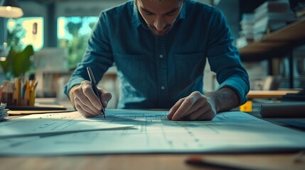 Poster - Architect or engineer sitting at desk in office Cost calculation Construction planning structural calculation Project construction cost planning and calculation Project presentation pl : Generative AI