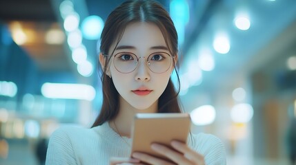Leinwandbilder - Business woman smartphone at office with motion blur and communication fast pace and busy with technology and wifi Chat email and social media female and speed with movement and mobile : Generative AI