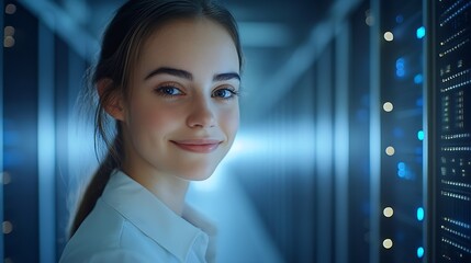 Aufkleber - Future Technology Face ID Facial Recognition Biometric Face Detection 3D Technological Identification Scanning of Face of Smiling Cheerful Woman Server Specialist in Computer Security  : Generative AI