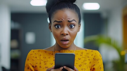 Leinwandbilder - Business woman reading phone and shocked for news social media post or marketing error in office Young african employee confused surprise and stress on mobile for scam mistake or wrong : Generative AI