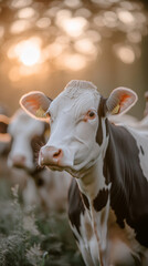 Sticker - A close-up of a black and white cow in a field.