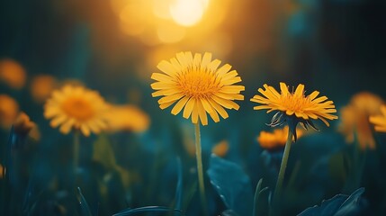Poster - floral summer spring background yellow dandelion flowers closeup in a field on nature on a dark blue