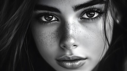 Poster - Closeup black and white portrait of a woman with expressive eyes