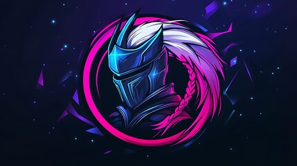 Sticker - Neon Knight,  Futuristic Warrior Logo Design with Pink Circle and Abstract Background