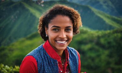 A woman smiles brightly while standing in front of a lush, green mountain range