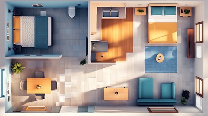 Poster - Top view 3D illustration of a small apartment interior design with furniture, minimalist style