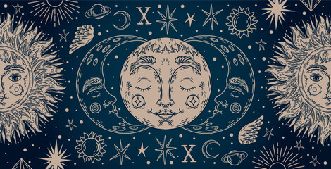 Wall Mural - celestial sun and moon. tarot vintage card, mystic zodiac star and pattern with esoteric astrology a