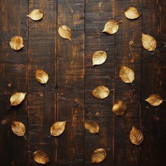 Wall Mural - Golden autumn leaves scattered on dark wooden surface creating a seasonal arrangement