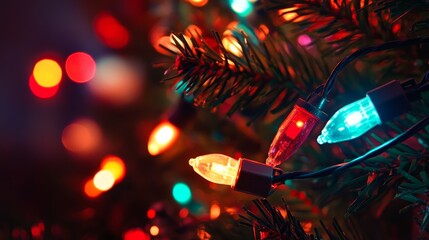 Christmas lights and toys on Christmas tree background composition