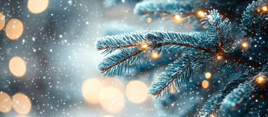 Christmas tree outdoor with snow, lights bokeh around, and snow falling, Christmas atmosphere.
