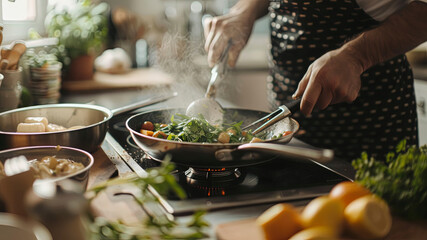 Wall Mural - cooking in the kitchen, close up of a making delicious foods in the kitchen, food on the table