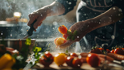 Wall Mural - cooking in the kitchen, close up of a making delicious foods in the kitchen, food on the table