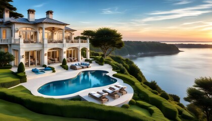 Wall Mural - Cliffside luxury villa offering breathtaking views through expansive windows and balconies with stunning outdoor viewpoints