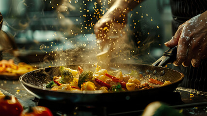 Wall Mural - cooking in the kitchen, close up of a making delicious foods in the kitchen, food on the table