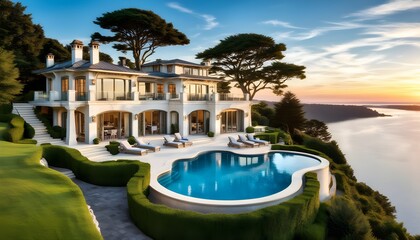 Wall Mural - Cliffside luxury villa offering breathtaking views through expansive windows and balconies with stunning outdoor viewpoints