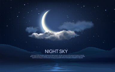 Wall Mural - night sky background. clouds and moon. star glow. crescent on dark blue summer heaven. evening space