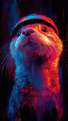 Canvas Print - Close-up of a cute otter wearing a helmet, illuminated by blue and red lights.