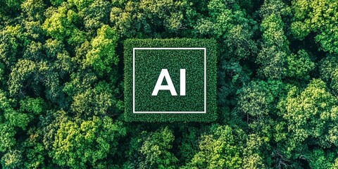 Poster - Aerial view of a lush forest with a square of trees spelling 'AI'.