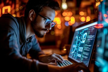 Focused Programmer Working on Code at Night