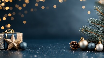 Poster - Colorful holiday decorations on a blue background with sparkling lights and winter ornaments