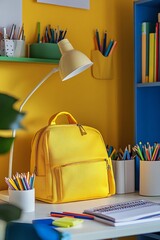 Bright yellow backpack on a desk with stationery in a cheerful, floral-themed study area