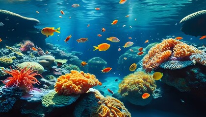 Vibrant underwater paradise with tropical fish and coral reefs, perfect for snorkeling and diving enthusiasts, showcasing stunning marine life in a colorful ocean panorama.