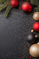 Poster - Festive Christmas decorations featuring ornaments and pine branches on a dark background