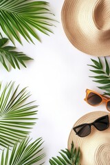 Wall Mural - Summer vacation essentials arranged with tropical leaves, sunglasses, and a straw hat