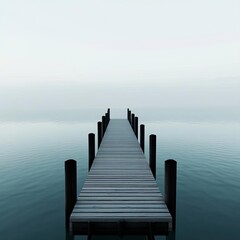  Dense fog enveloping old wooden pier, tranquil waters, 3D illustration