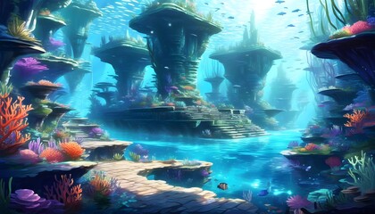 Wall Mural - Submerged Ruins of an Ancient Coral City in Beautiful Underwater Realm