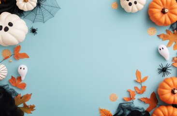 Decorative Halloween layout with pumpkins, ghosts, and spiders against a pastel blue background