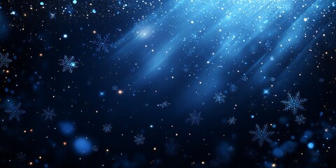 Poster - Sparkling blue snowflakes falling on a dark background.