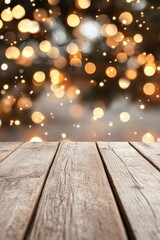 Poster - Soft bokeh lights create a warm atmosphere over a rustic wooden table in a cozy setting