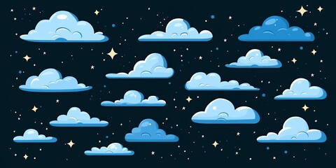 Sticker - Blue cartoon clouds against a dark blue night sky with stars.