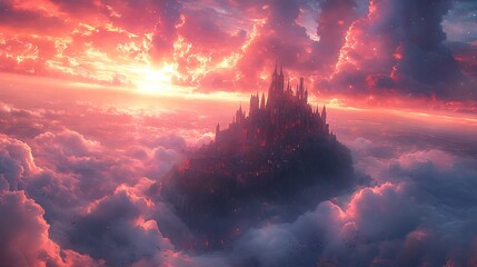 Wall Mural - Fantasy Castle in the Clouds at Sunset with Dramatic Sky