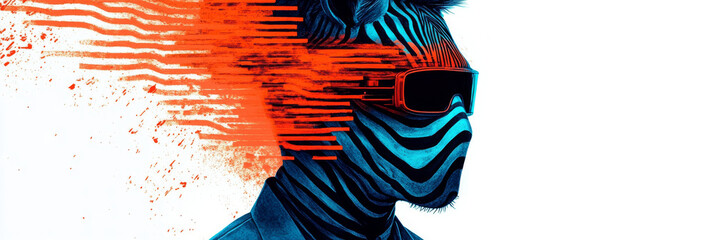 Poster - A man with a zebra print face and sunglasses is against a white background.